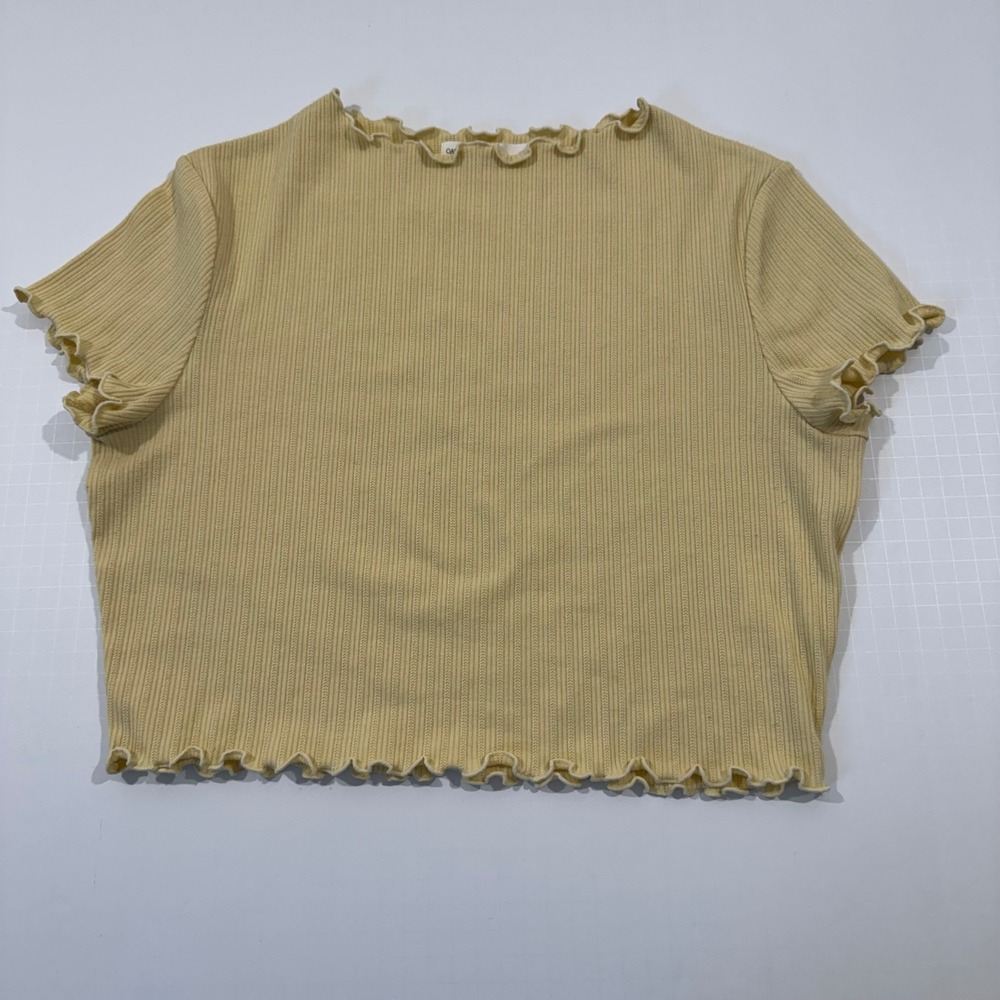 Oak + Fort Crop Top Women Large Yellow Ribbed Lettuce Trim Short Sleeve